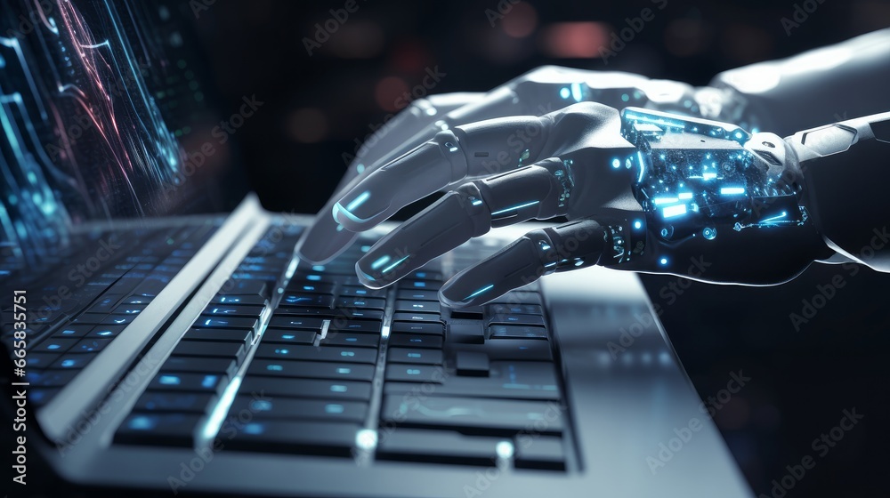 Robotic cyborg hand pressing a keyboard on a laptop 3D rendering Stock ...