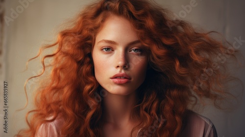 Portrait of a beautiful young red-haired woman with natural makeup. Style, fashion and beauty concept
