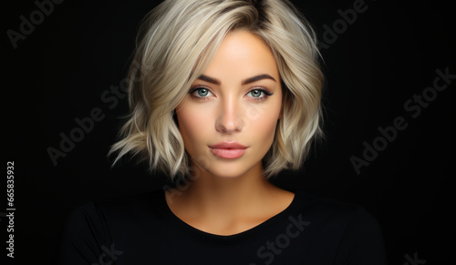Portrait of a beautiful serious young woman blonde with short hair, looking right in the camera, on a black background
