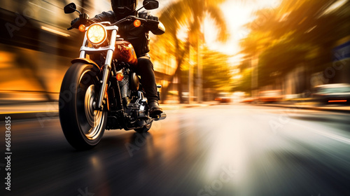 Custom motorbike biker rider on blurred city road © BeautyStock