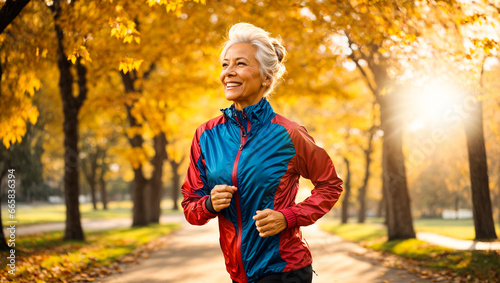 portrait of an elderly woman jogging  autumn park