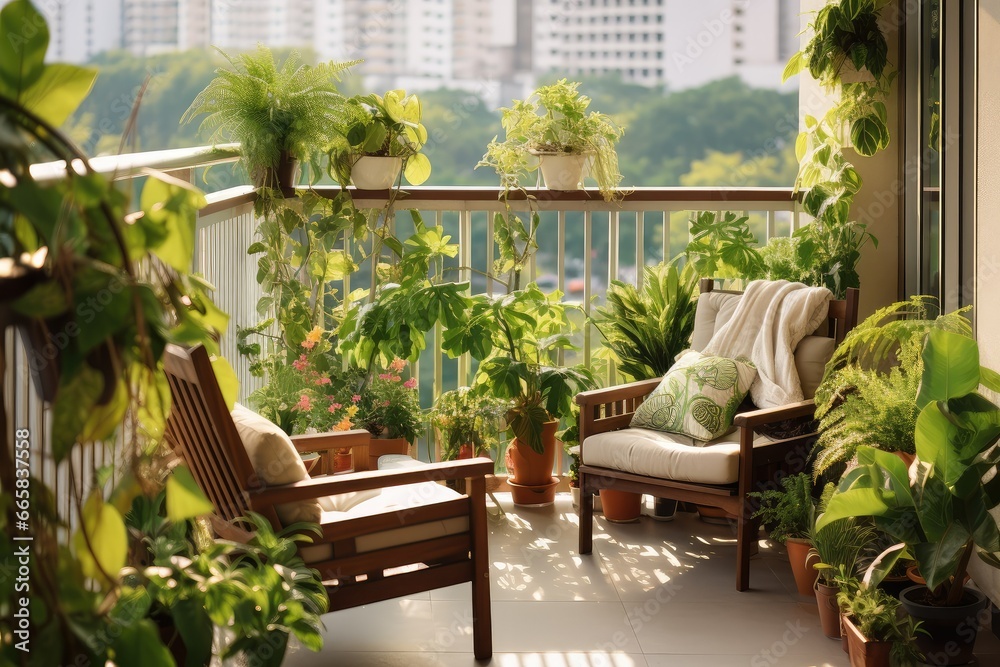 Modern balcony sitting area decorated with green plant, Urban Retreat: Modern Balcony with Lush Greenery, Outdoor patio with wooden chairs and plants on the terrace
