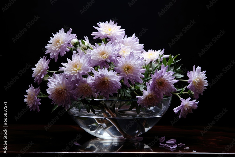 Bouquet of purple chrysanthemums on a black background, chrysanthemums flowers in a water bowl, beautiful chrysanthemums, elegant shot