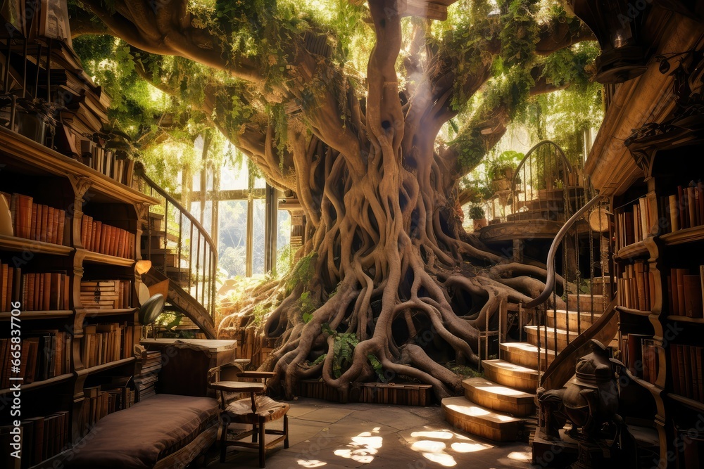 Bookshelf with books and tree roots in the old library, enchanting library in a big tree, tree library, hidden library, Mystical ancient tree in the library, tree shaped library - obrazy, fototapety, plakaty 
