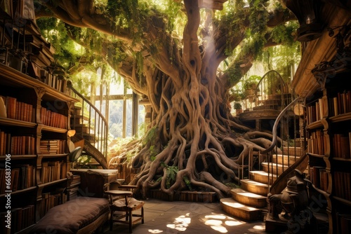Bookshelf with books and tree roots in the old library, enchanting library in a big tree, tree library, hidden library, Mystical ancient tree in the library, tree shaped library photo