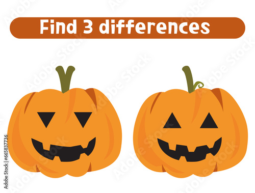 Find three differences. Cute Halloween pumpkin. Worksheet for kids.
