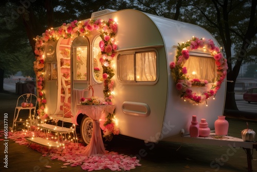 Caravan decorated with flowers and candles for a wedding in the evening, beautifully decorated caravan with flowers and lights, evening delight party at caravan photo