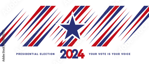 Vote 2024 Presidential Election in USA, Political election campaign banner with white background. USA Presidential Election 2024. USA star with blue white red american flag colors and symbols