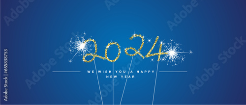 We wish you Happy New Year 2024 eve handwritten tipography golden glitter stars sparkler fireworks blue background greeting card