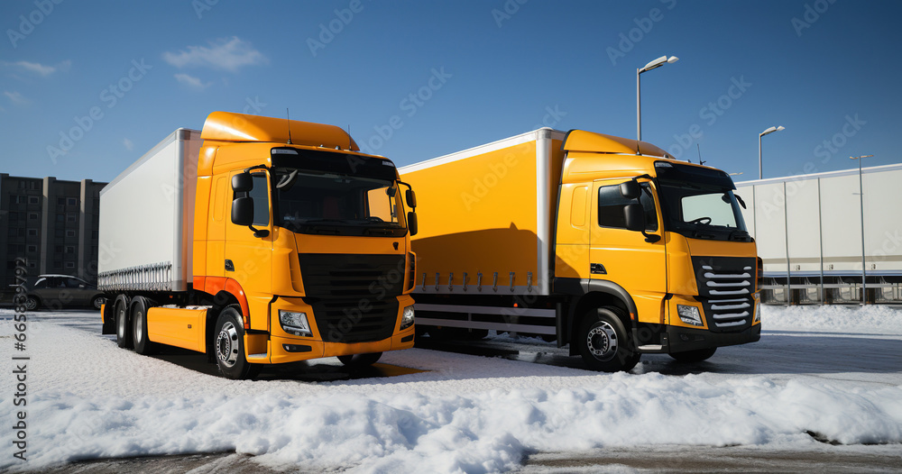 two yellow trucks parked on snowy road. copy space. generated with ia two yellow trucks parked on snowy road. copy space. generated with ia