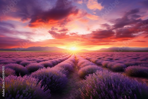 sunset over lavender field. Generative AI