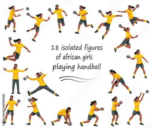 Set of African women's handball girl players isolated figures in yellow sports uniform running, jumping, catching, throwing the ball