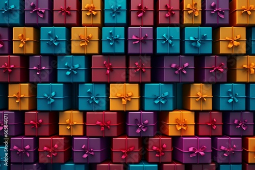 Neat grid of gifts in modern color scheme for Christmas background. Generative AI