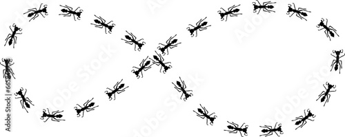 Ant silhouettes trail illustration in shape of infinity sign. Stock vector illustration isolated on white background in flat simple style.