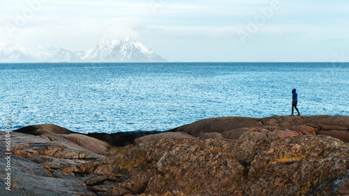 Back view of woman enjoys a walk on a rock near the water. On the background a blurred snowy mountain. Norwegian fjord, Lofoten Islands.