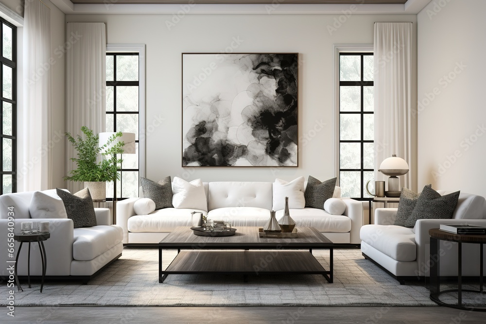 Image showcasing Monochrome Magic: Illustrate a modern living room embracing a ...