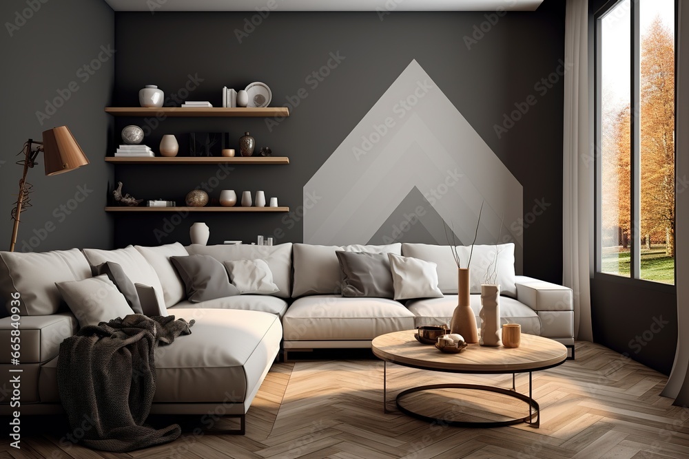 View of Monochrome Magic: Illustrate a modern living room embracing a ...