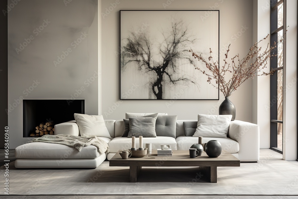 Monochrome Magic: Illustrate a modern living room embracing a ...