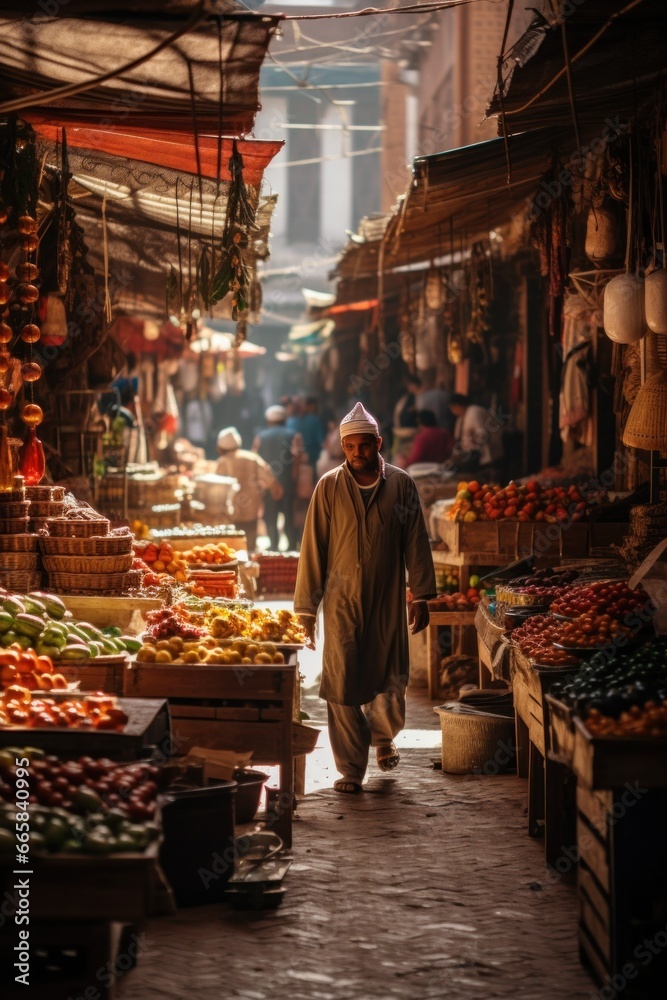 Intriguing image of a local market in Marrakech, Morocco, bustling with vendors and shoppers