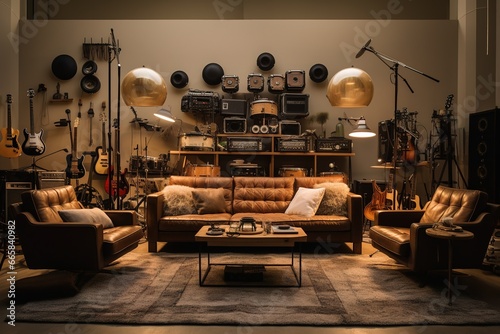 Music Enthusiast's Retreat: Create an image of a living room showcasing musical instruments, wall-mounted sound systems, and acoustically conscious furniture. photo
