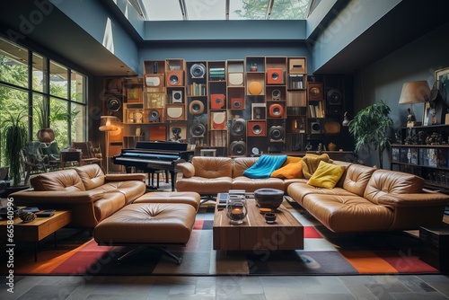 Music Enthusiast's Retreat: Create an image of a living room showcasing musical instruments, wall-mounted sound systems, and acoustically conscious furniture. photo