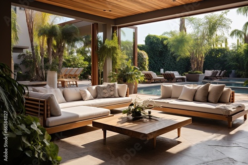 Outdoor Extension: Depict a modern living room flowing into an outdoor patio, demonstrating the unity of indoor and outdoor spaces through matching decor and furniture.