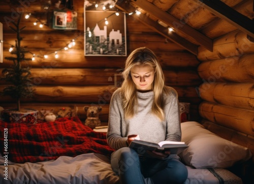 A girl reading a book in a log cabin with lights in the background.