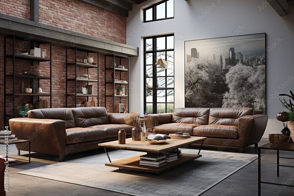 Urban Industrial Chic: Create an image of a modern living room adorned with industrial-inspired furniture and raw textures, epitomizing the edgy elegance of urban living.