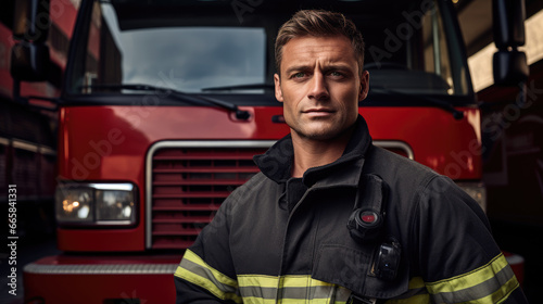 A male firefighter in front of a firetruck, standing confidently and looking directly at the camera