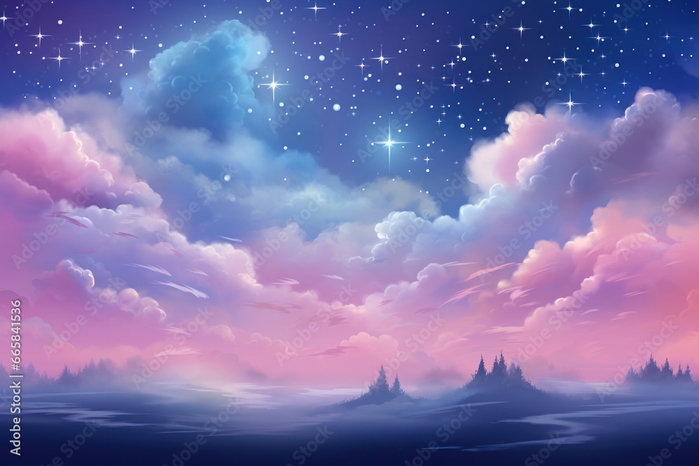 Blue and pink cloudy sky with white stars