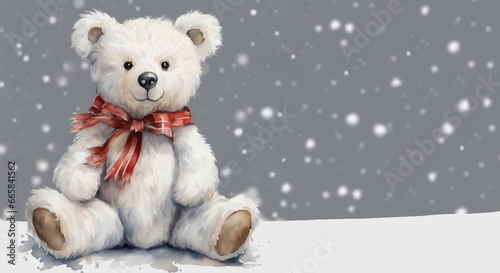 Watercolor teddy bear sitting. Christmas background. Cute christmas illustration for greeting cards. Place for text.