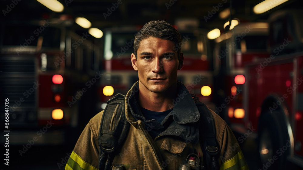 A male firefighter in front of a firetruck, standing confidently and looking directly at the camera