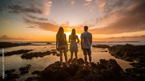Captivating image of a group of travelers standing in awe of a stunning sunset