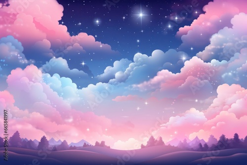 Blue and pink cloudy sky with white stars