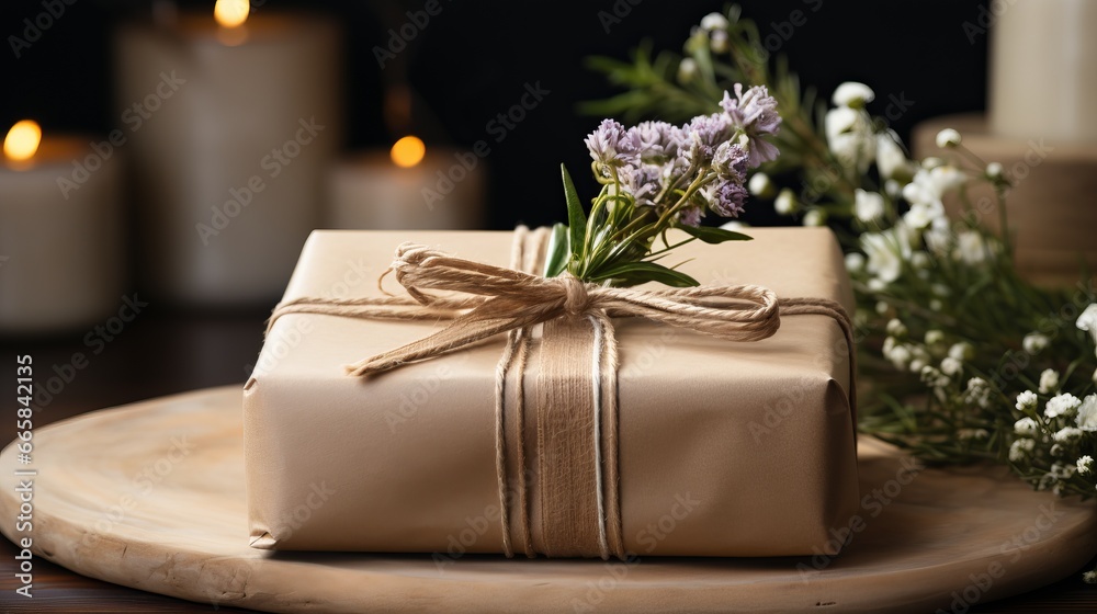 Ecological packaging for gifts. Craft paper and fabric for decoration. Dried flowers and flowers on a gift wrapper. Concept: Holiday box with care for nature. Ecological packaging for gifts. Craft paper and fabric for decoration. Dried flowers and flowers on a gift wrapper. Concept: Holiday box with care for nature.