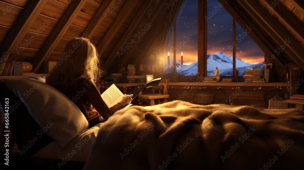 A woman is enjoying a peaceful moment reading a book while lying on a comfortable bed in a cozy log cabin during winter