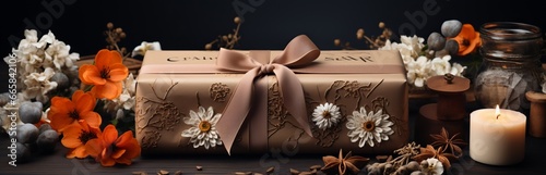 Ecological packaging for gifts. Craft paper and fabric for decoration. Dried flowers and flowers on a gift wrapper. Concept: Holiday box with care for nature. photo