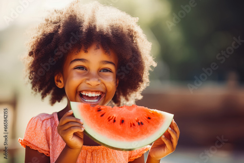 African american girl with afro hair smiling while eating a large slice of watermelon  enjoying juicy seasonal fruit