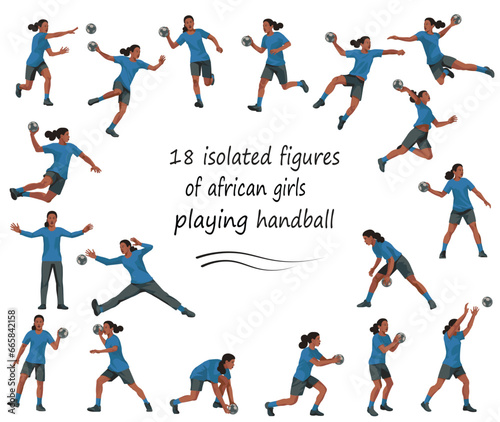 Vector figures of Black women's handball girl players and goalkeepers in blue T-shirts in various poses on a white background © ivnas