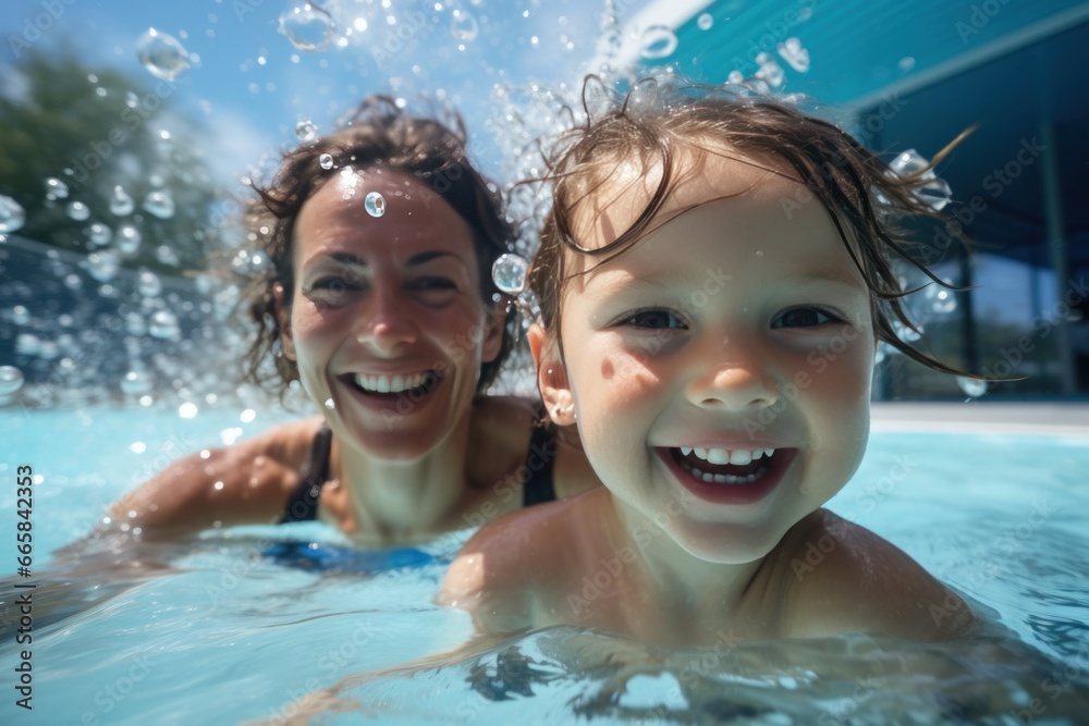 Child playing at swimming pool with happy mom and smiling.