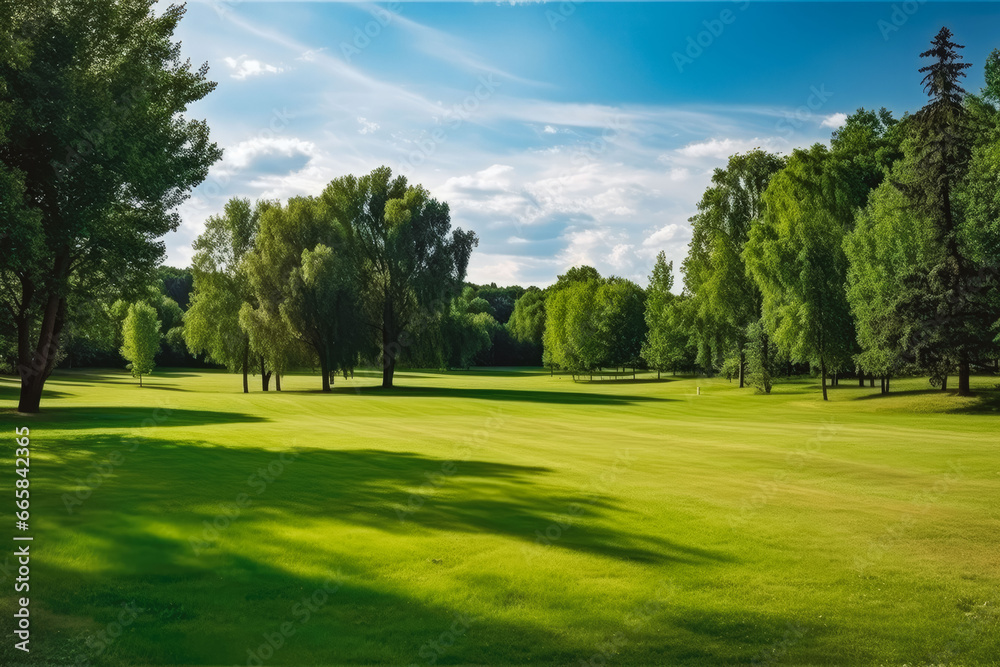 Beautiful warm summer natural landscape, green grass, summer sunlight in a forest park, warm summer sunlight shines, morning sunlight