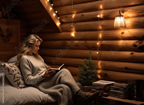 A girl reading a book in a log cabin with lights in the background. © olegganko