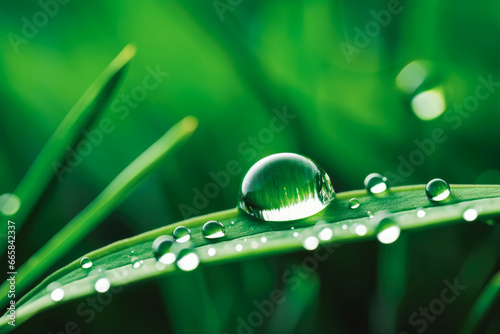 Beautiful natural dew drop or water drop on fresh grass green leaf, close up, rainy drop on a leaf, a small drop of water, green leaf