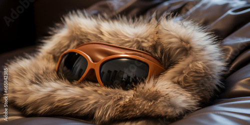 Close-up of Leather Sleep Mask on Faux Fur Pillow,, Luxurious Sleep Mask on Plush Faux Fur Pillow Generative Ai