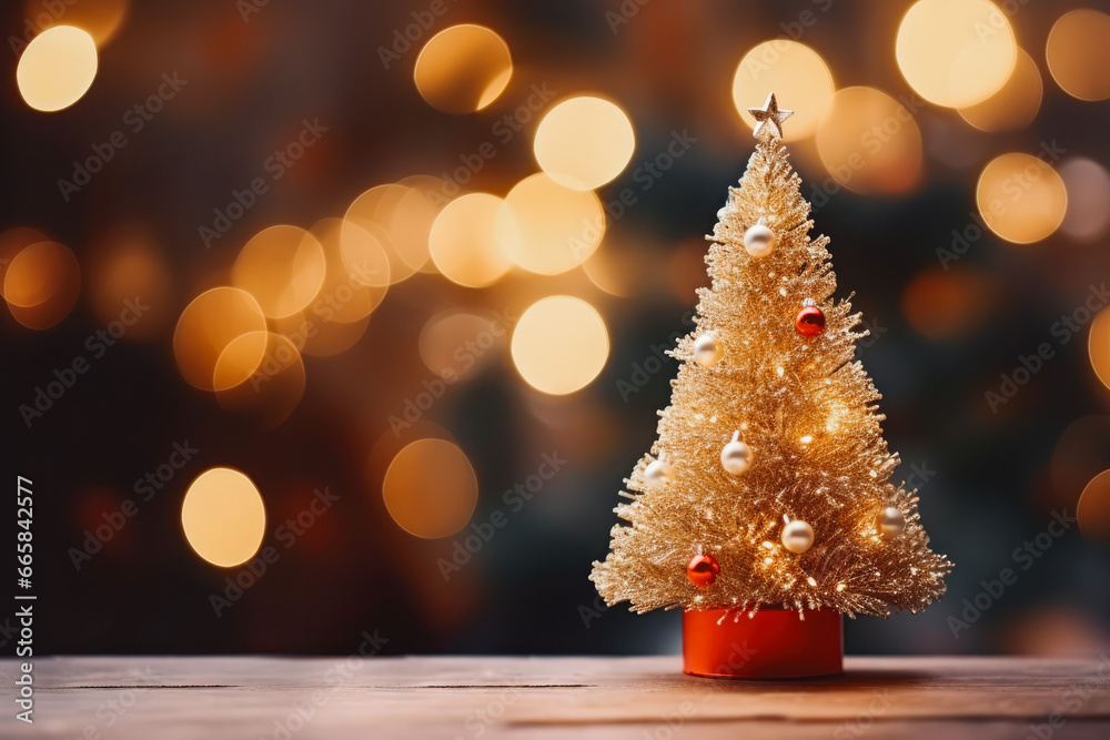 Miniature christmas tree with blurry christmas lights in the background, holiday season, winter wonderland in christmas time