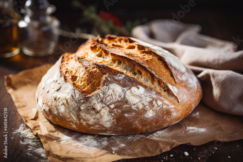Homemade sourdough bread food, photography recipe idea, freshly baked loaf of bread from the oven, home recipe for tasty bread photo