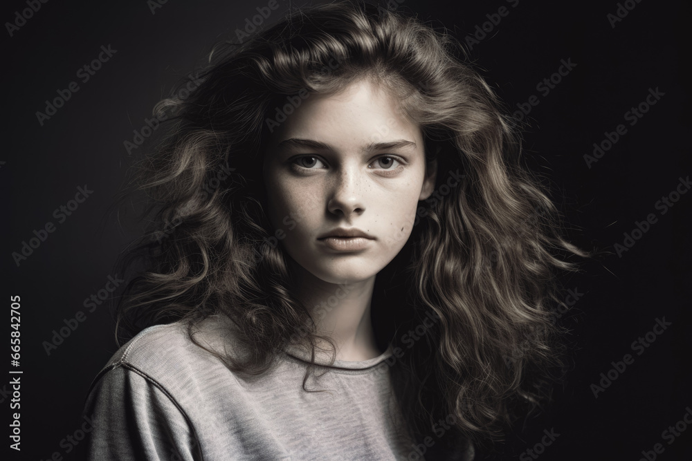 Studio portrait of beautiful young attractive woman looking at the camera in black and white, modeling for a portrait, gorgeous model