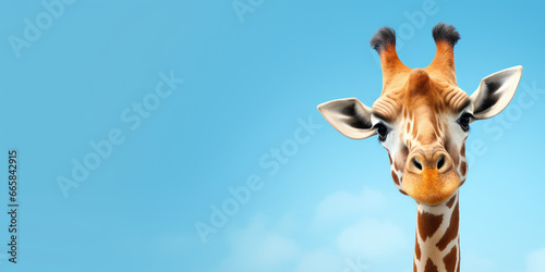 A happy giraffe offers copy space on the side against a clean, single-color background.Generative AI