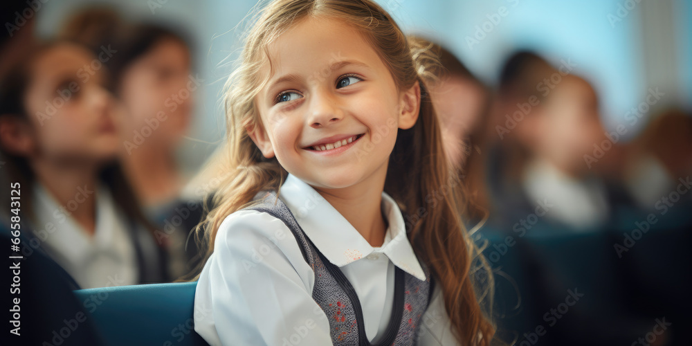 Obraz premium A primary school girl smiles brightly in her classroom, radiating happiness.