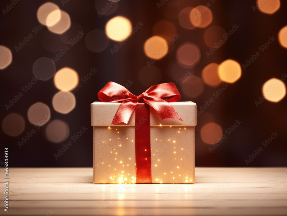Simple Gift Box with Red Bow and Soft Lighting Simple Gift Box with Red Bow and Soft Lighting